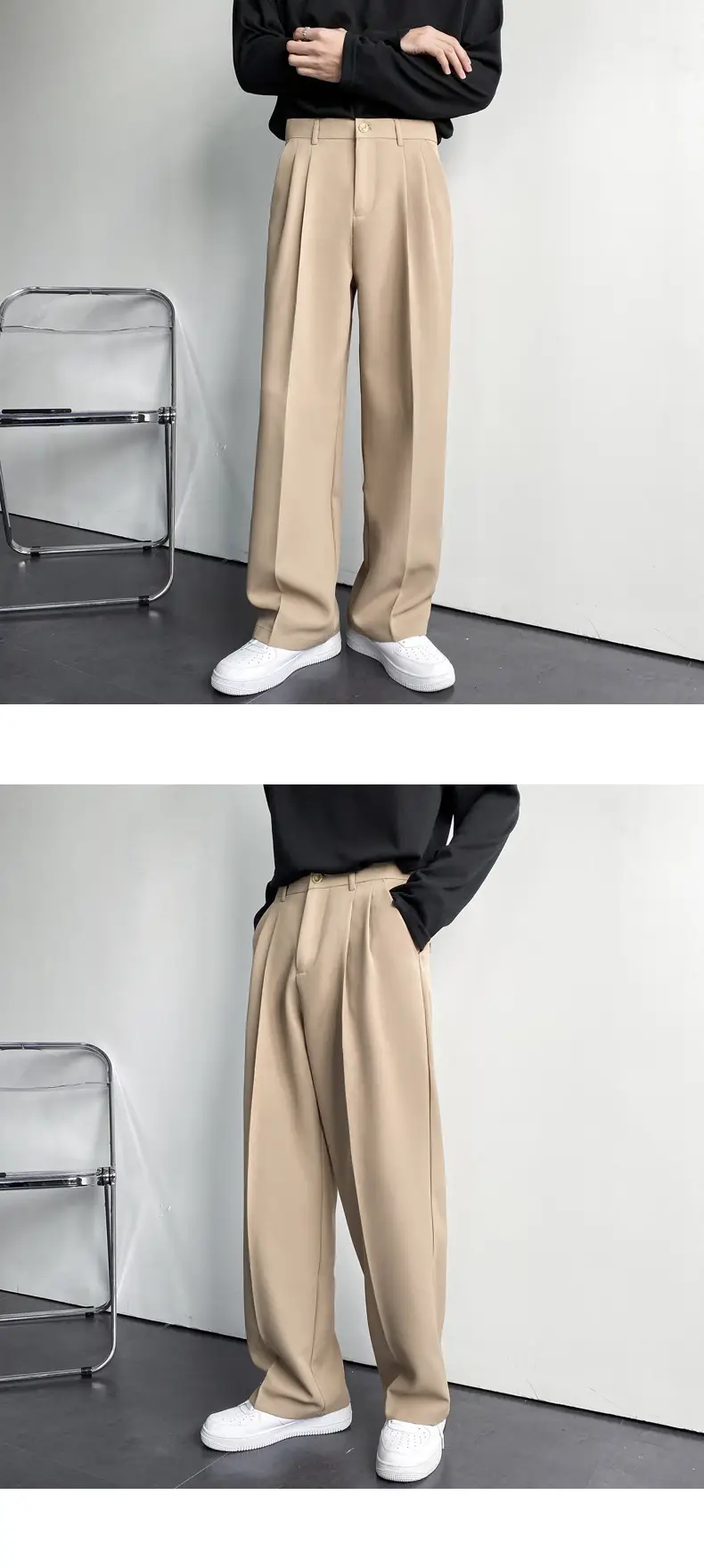 Men's White Loose Straight Suit Pants with Black Sweatshirt — feature 46