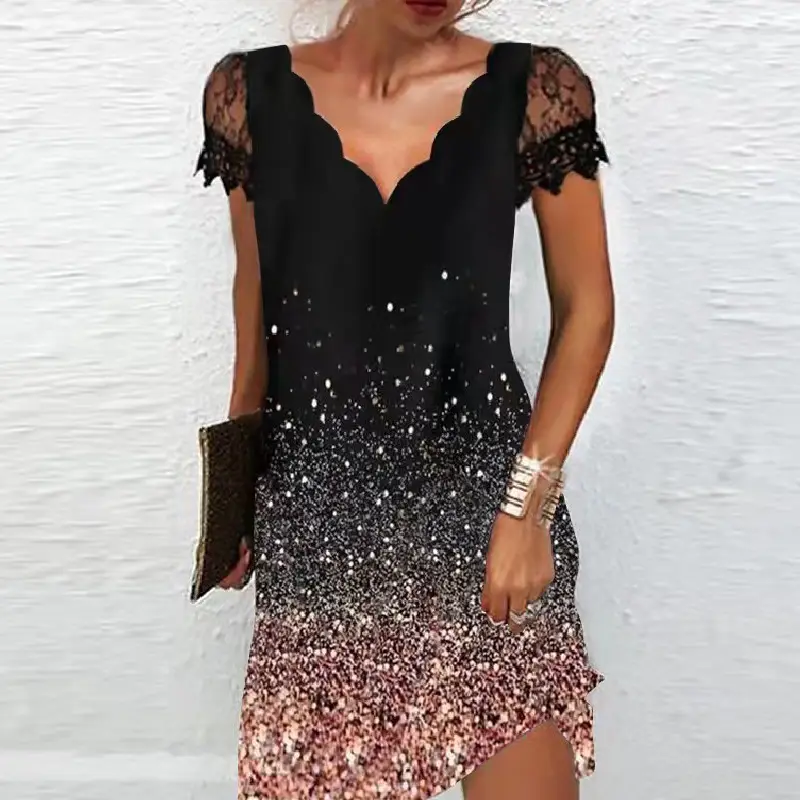 Black Green Sequin Wave Dress with Lace Sleeves