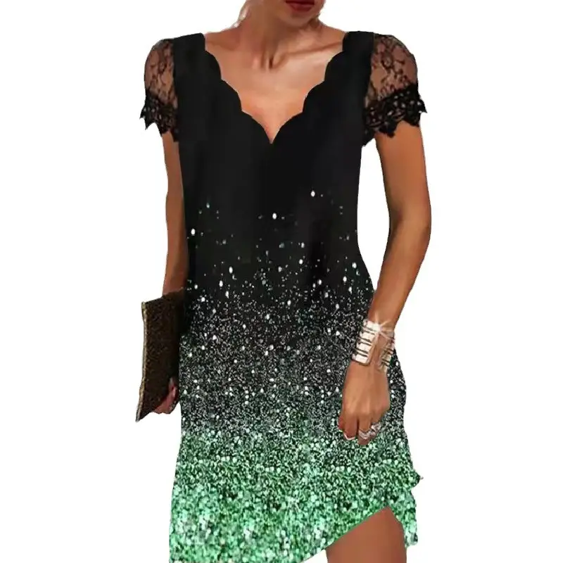Black Green Sequin Wave Dress with Lace Sleeves