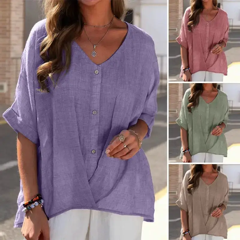 Women Cotton Linen V-Neck Pullover Summer Top - Image 7