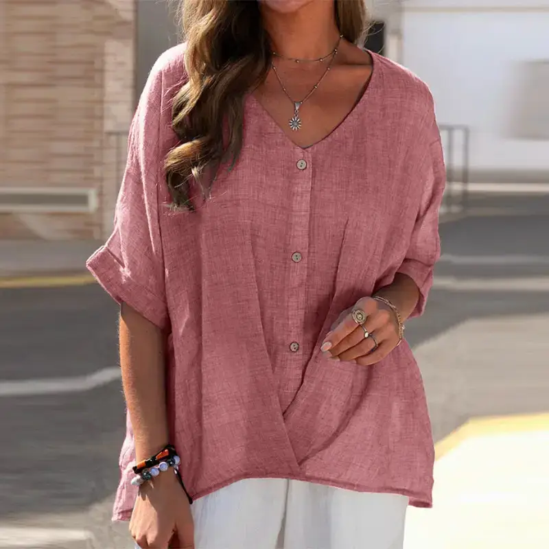 Women Cotton Linen V-Neck Pullover Summer Top - Image 9
