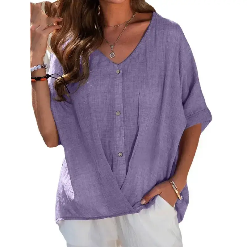 Women Cotton Linen V-Neck Pullover Summer Top - Image 11