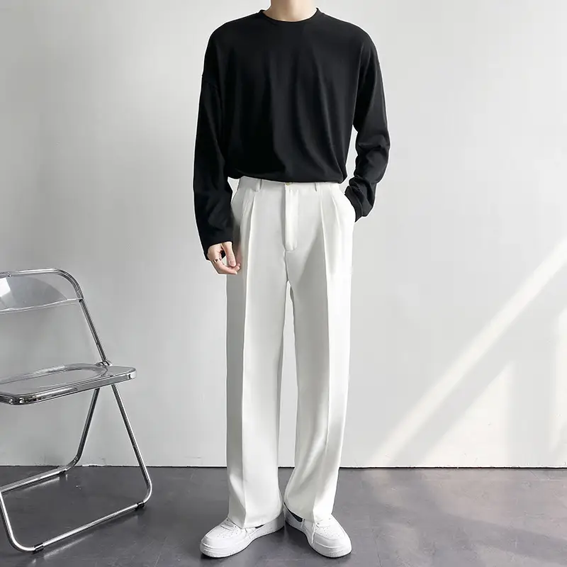 Men's White Loose Straight Suit Pants Winter Casual Floor Trousers - Image 7