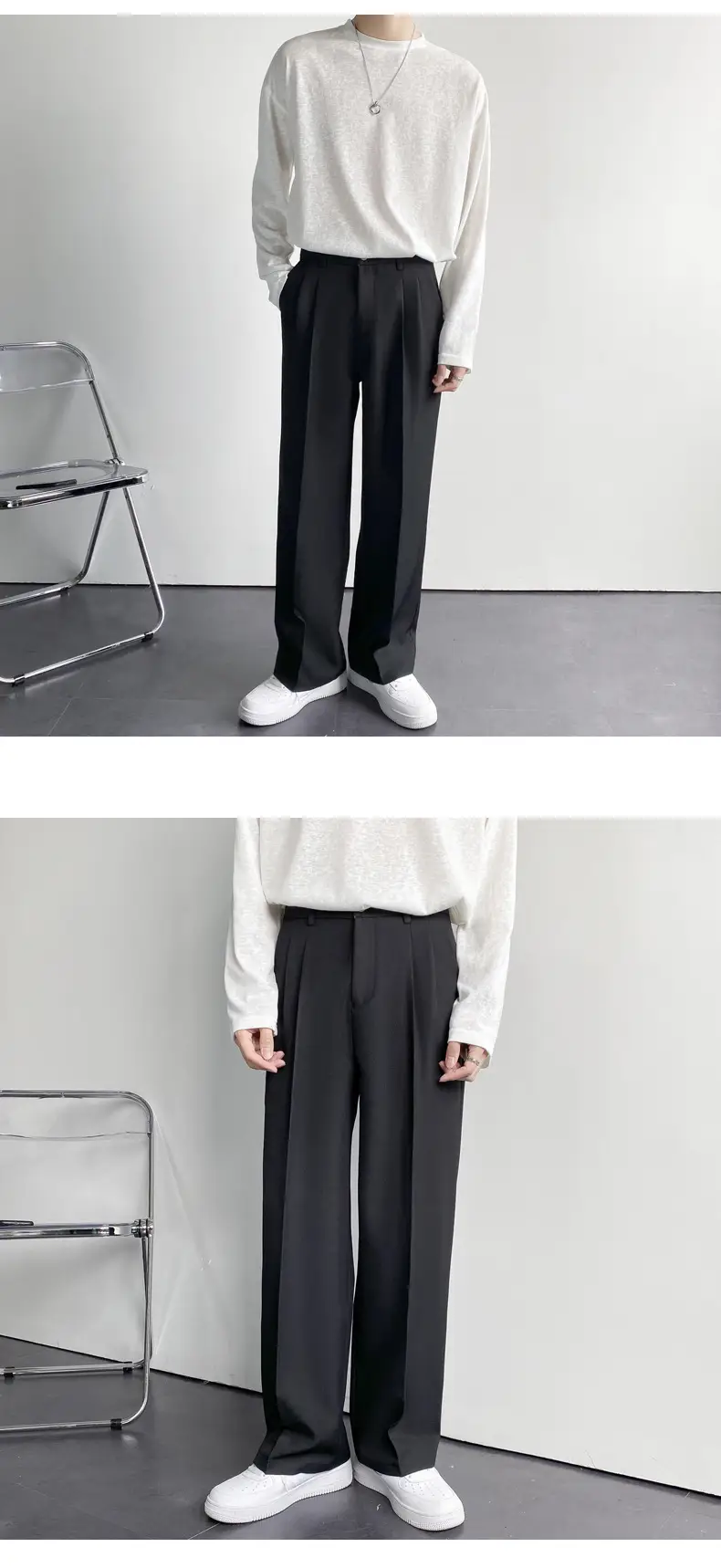 Men's White Loose Straight Suit Pants Winter Casual Floor Trousers — feature 10