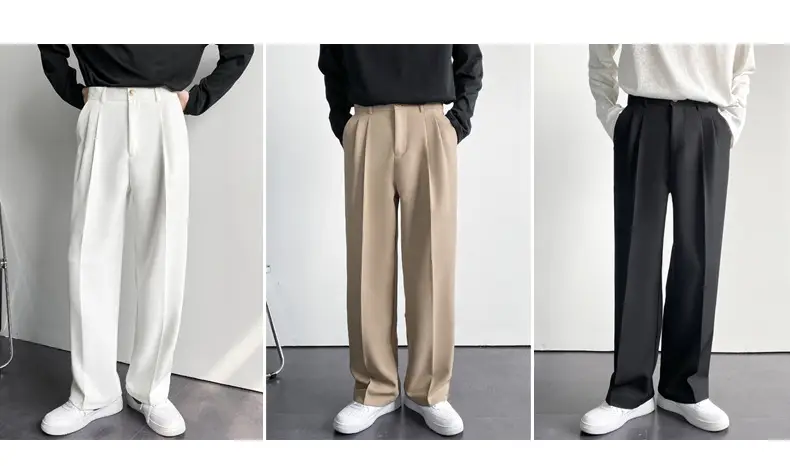 Men's White Loose Straight Suit Pants Winter Casual Floor Trousers — feature 3