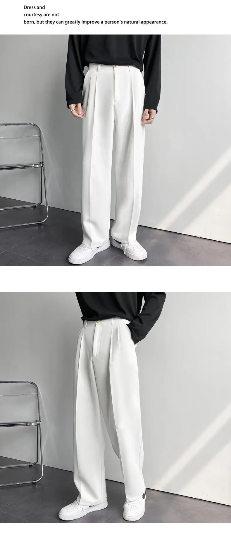Men's White Loose Straight Suit Pants Winter Casual Floor Trousers — feature 4