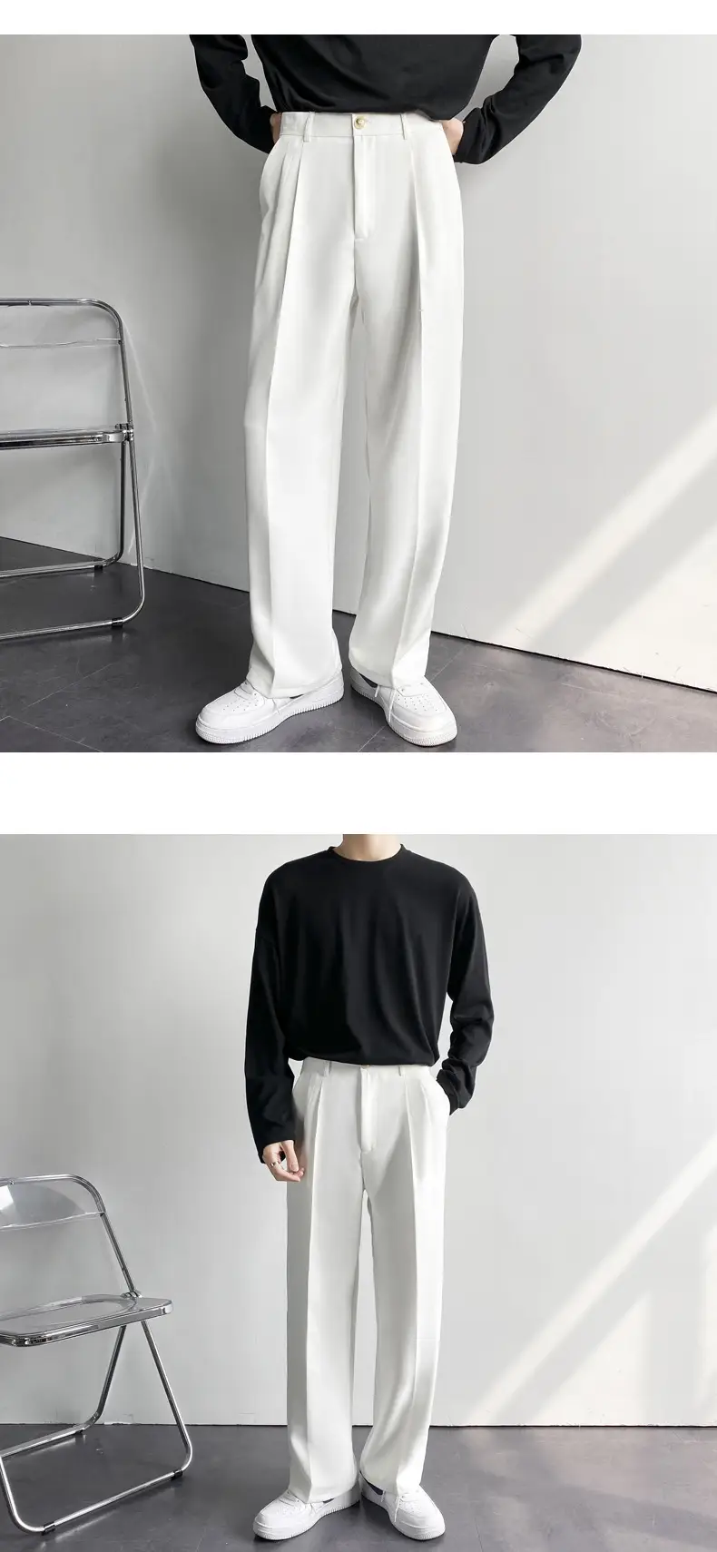 Men's White Loose Straight Suit Pants Winter Casual Floor Trousers — feature 5