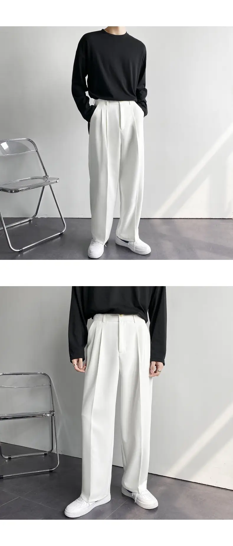Men's White Loose Straight Suit Pants Winter Casual Floor Trousers — feature 6