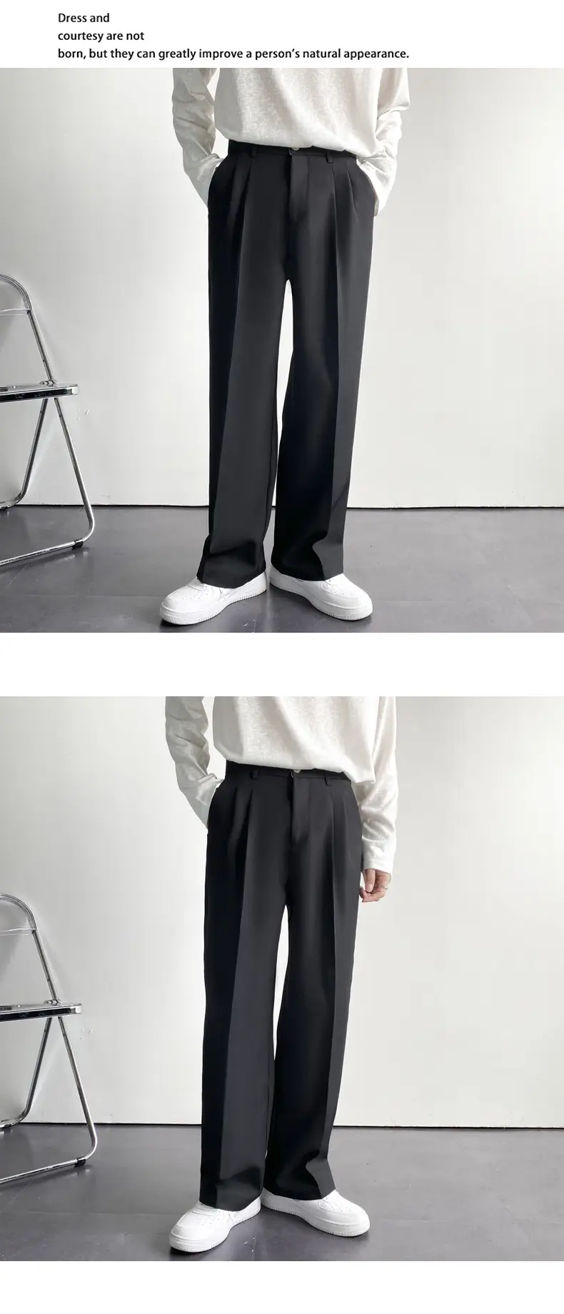 Men's White Loose Straight Suit Pants Winter Casual Floor Trousers — feature 8