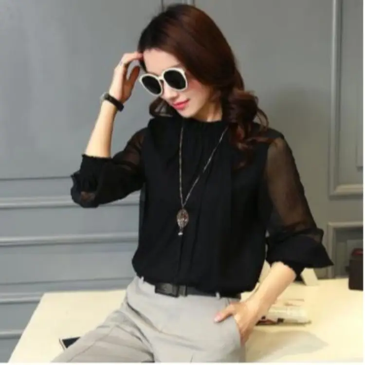 2024 Korean Design Black Chiffon Shirt with Small Collar & Mesh Bottom