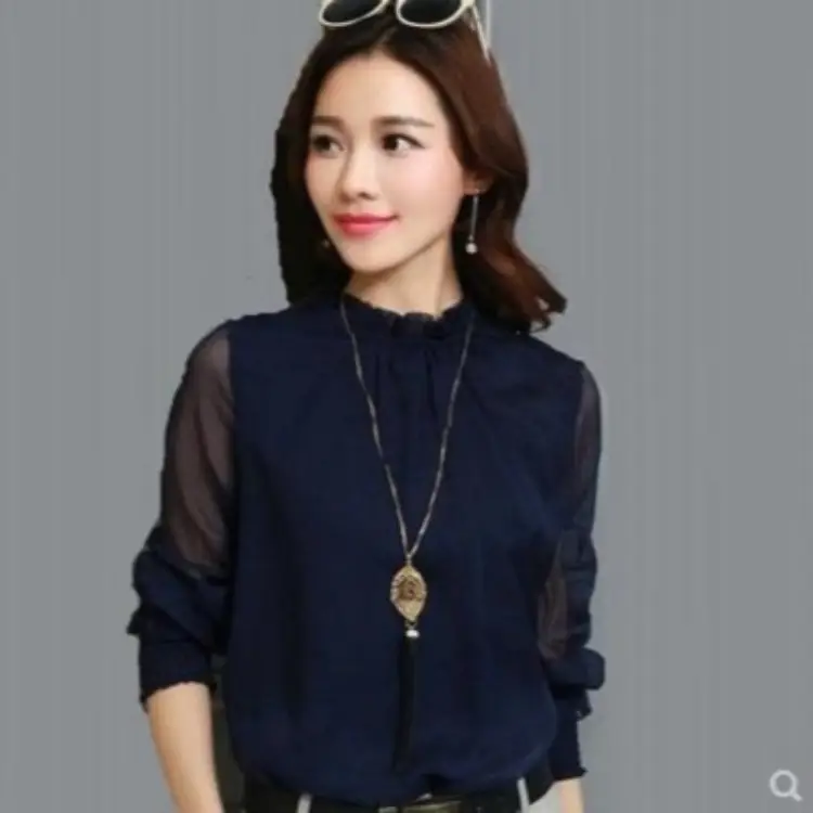 2024 Korean Design Black Chiffon Shirt with Small Collar & Mesh Bottom