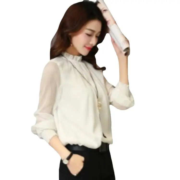 2024 Korean Design Black Chiffon Shirt with Small Collar & Mesh Bottom