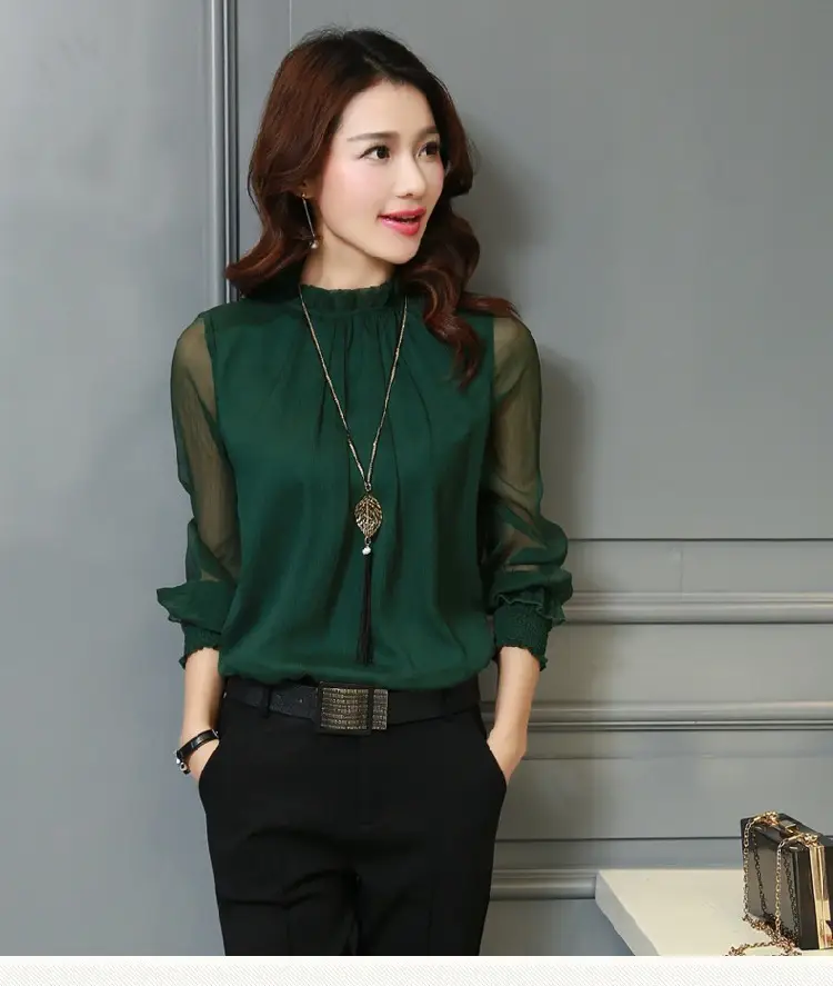 2024 Korean Design Black Chiffon Shirt with Small Collar & Mesh Bottom — feature 10
