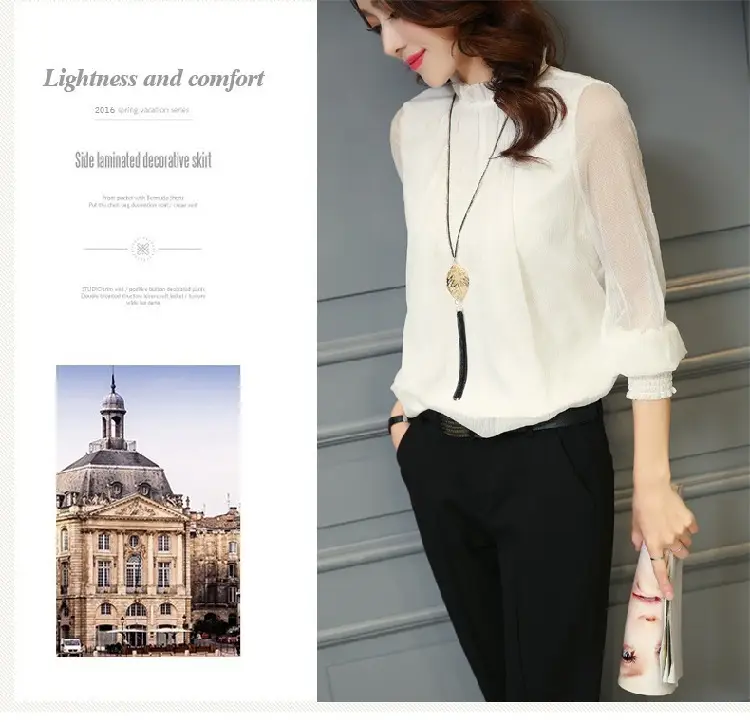 2024 Korean Design Black Chiffon Shirt with Small Collar & Mesh Bottom — feature 15