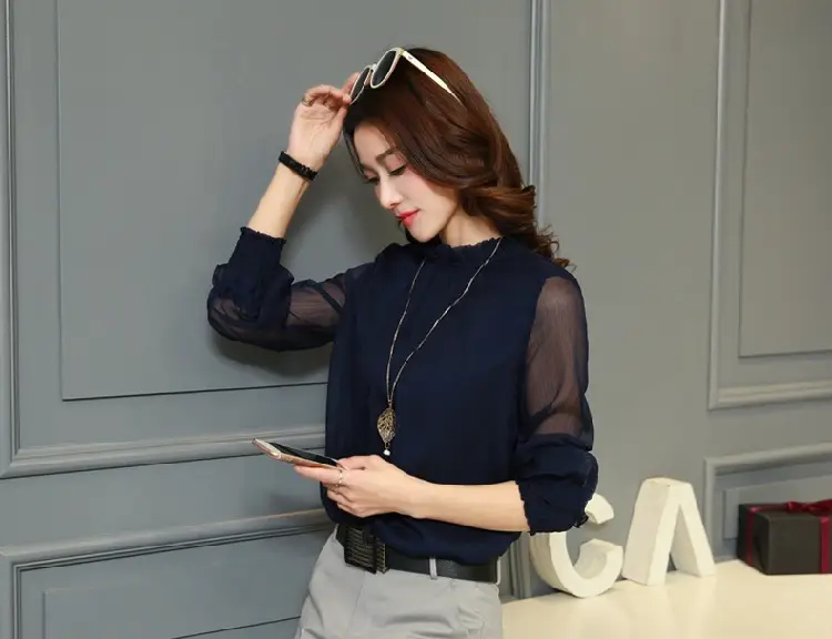 2024 Korean Design Black Chiffon Shirt with Small Collar & Mesh Bottom — feature 22