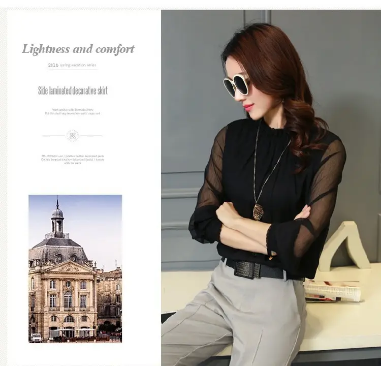 2024 Korean Design Black Chiffon Shirt with Small Collar & Mesh Bottom — feature 23