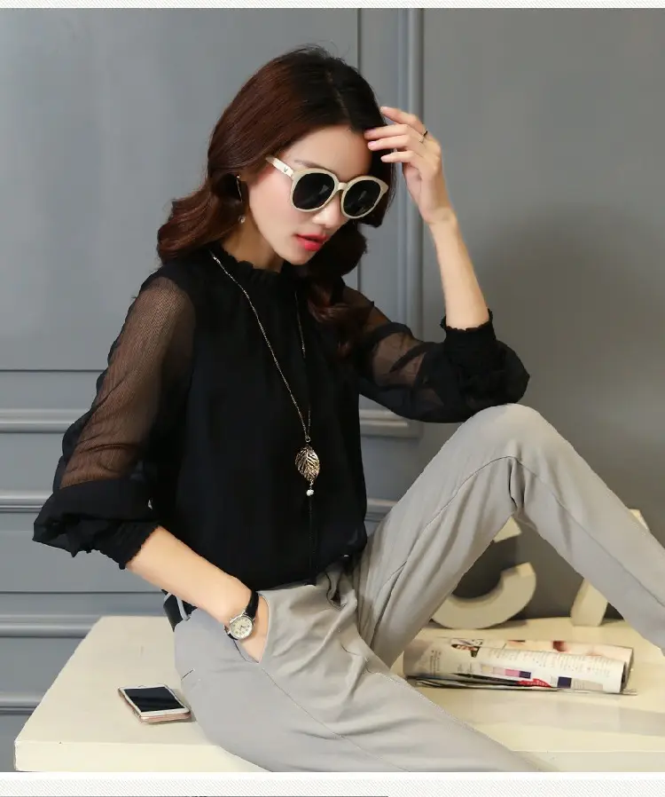2024 Korean Design Black Chiffon Shirt with Small Collar & Mesh Bottom — feature 24