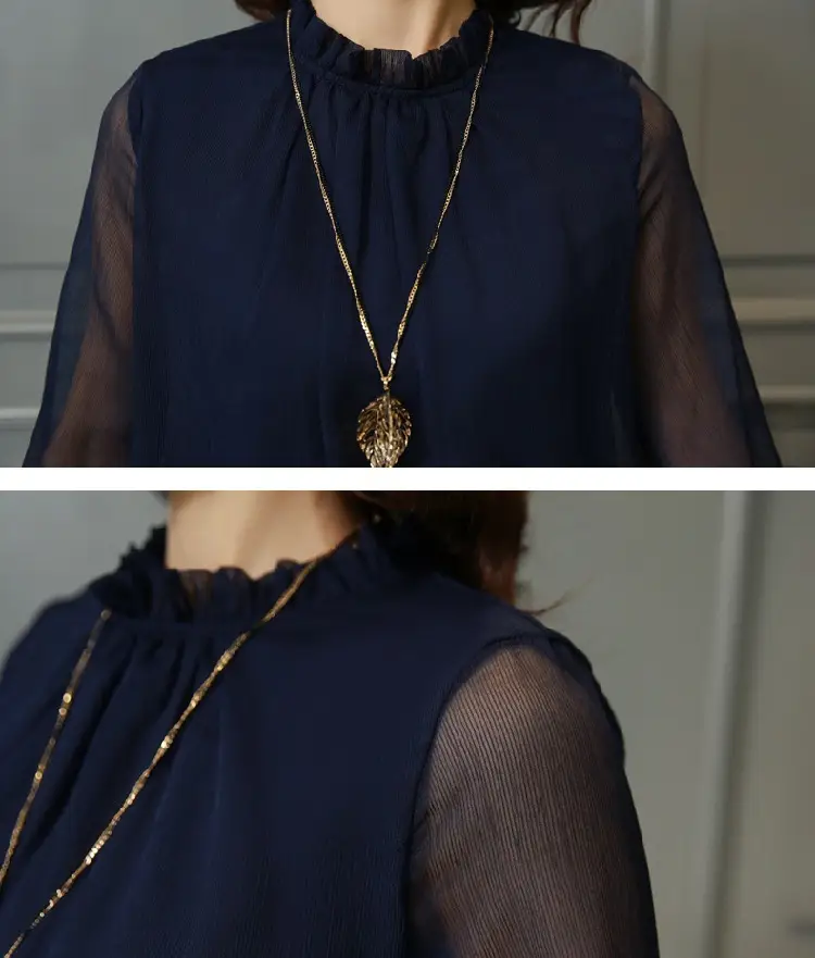 2024 Korean Design Black Chiffon Shirt with Small Collar & Mesh Bottom — feature 27