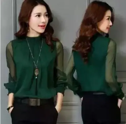 2024 Korean Design Black Chiffon Shirt with Small Collar & Mesh Bottom