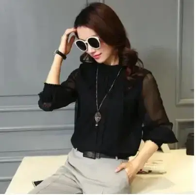 2024 Korean Design Black Chiffon Shirt with Small Collar & Mesh Bottom