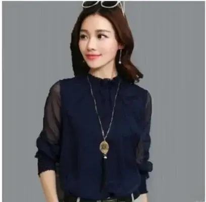 2024 Korean Design Black Chiffon Shirt with Small Collar & Mesh Bottom