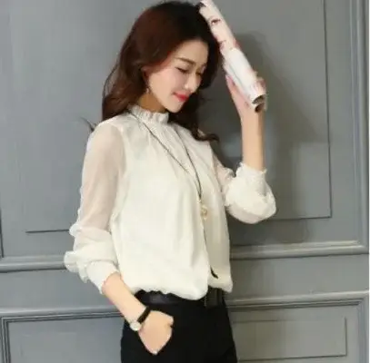 2024 Korean Design Black Chiffon Shirt with Small Collar & Mesh Bottom