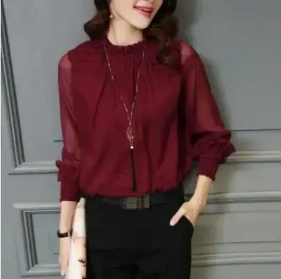 2024 Korean Design Black Chiffon Shirt with Small Collar & Mesh Bottom