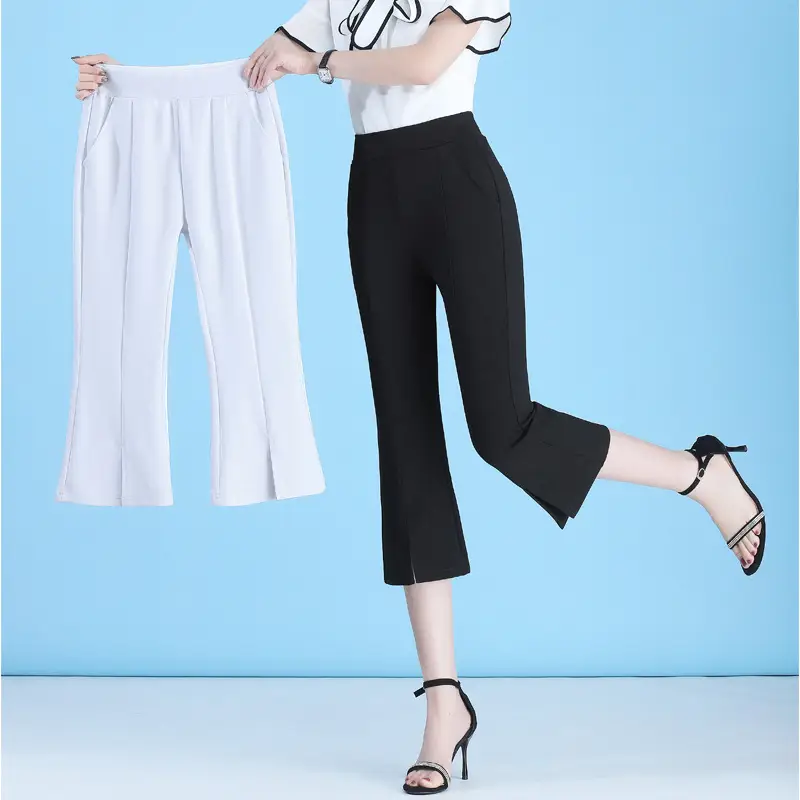 White Micro-Flared High-Waisted Cropped Pants for Women - Image 5