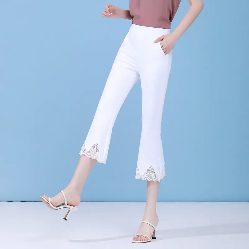 White Micro-Flared High-Waisted Cropped Pants for Women - Image 3