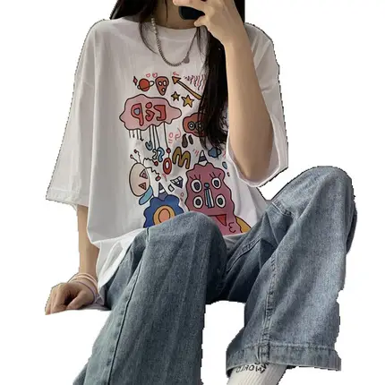 2022 Women's Loose Crewneck T-Shirt with Colorful Print - Image 5