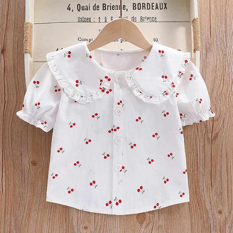 Girls White Heart Print Short Sleeve Collar Shirt - Image 7