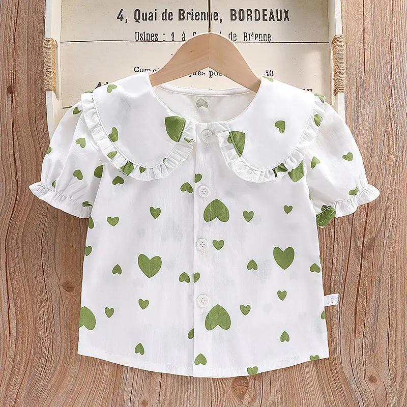 Girls White Heart Print Short Sleeve Collar Shirt - Image 8