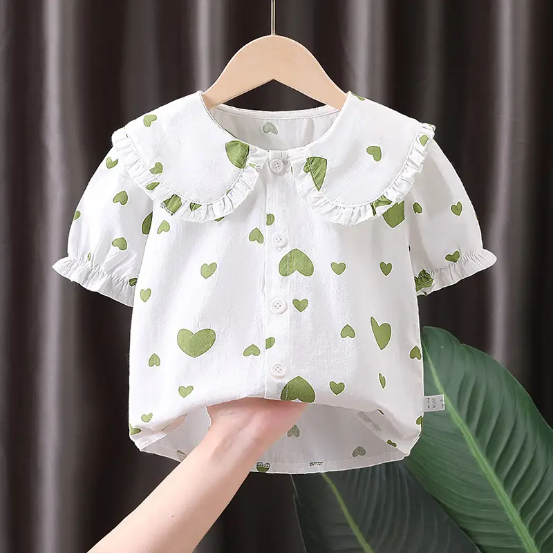 Girls White Heart Print Short Sleeve Collar Shirt - Image 3