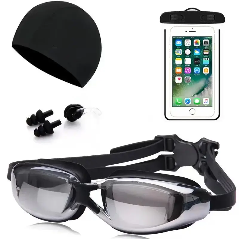 Adult swimming glasses set HD anti-fog plating swimming goggles waterproof silicone nose clip earplug swimming cap swimming goggles set