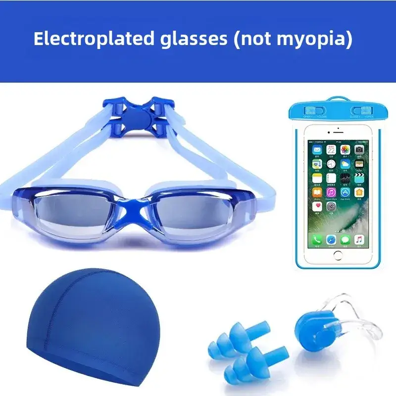 Adult swimming glasses set HD anti-fog plating swimming goggles waterproof silicone nose clip earplug swimming cap swimming goggles set