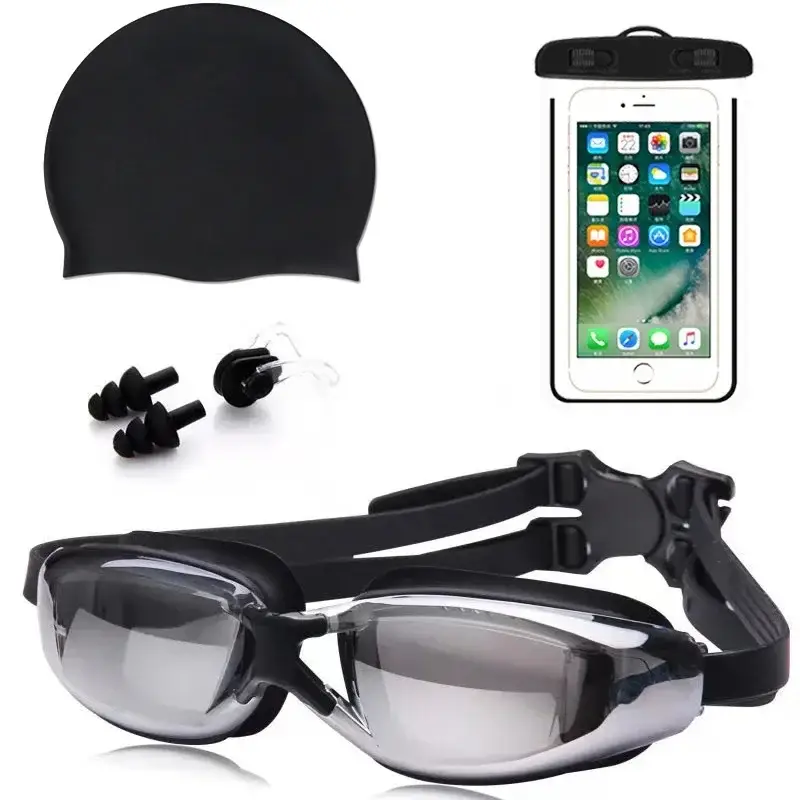 Adult swimming glasses set HD anti-fog plating swimming goggles waterproof silicone nose clip earplug swimming cap swimming goggles set