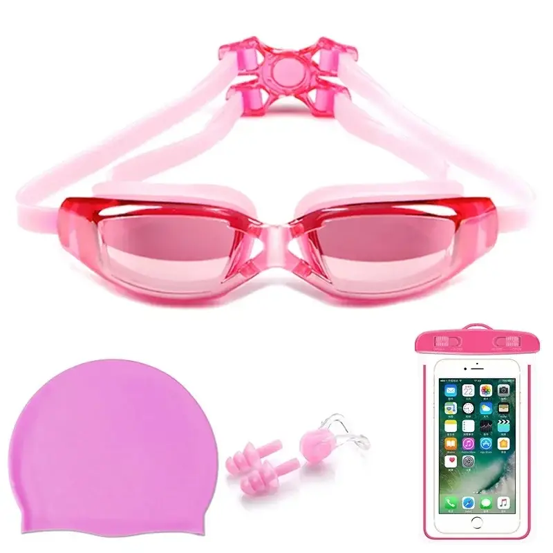 Adult swimming glasses set HD anti-fog plating swimming goggles waterproof silicone nose clip earplug swimming cap swimming goggles set