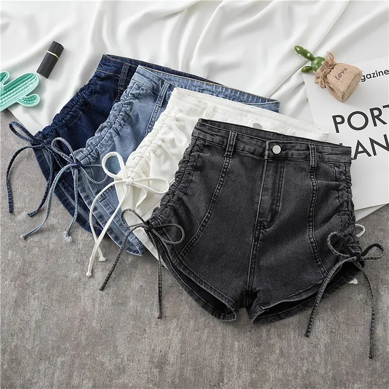 Women Stretch High Waist Denim Shorts 2022 Drawstring Wide Leg - Image 5