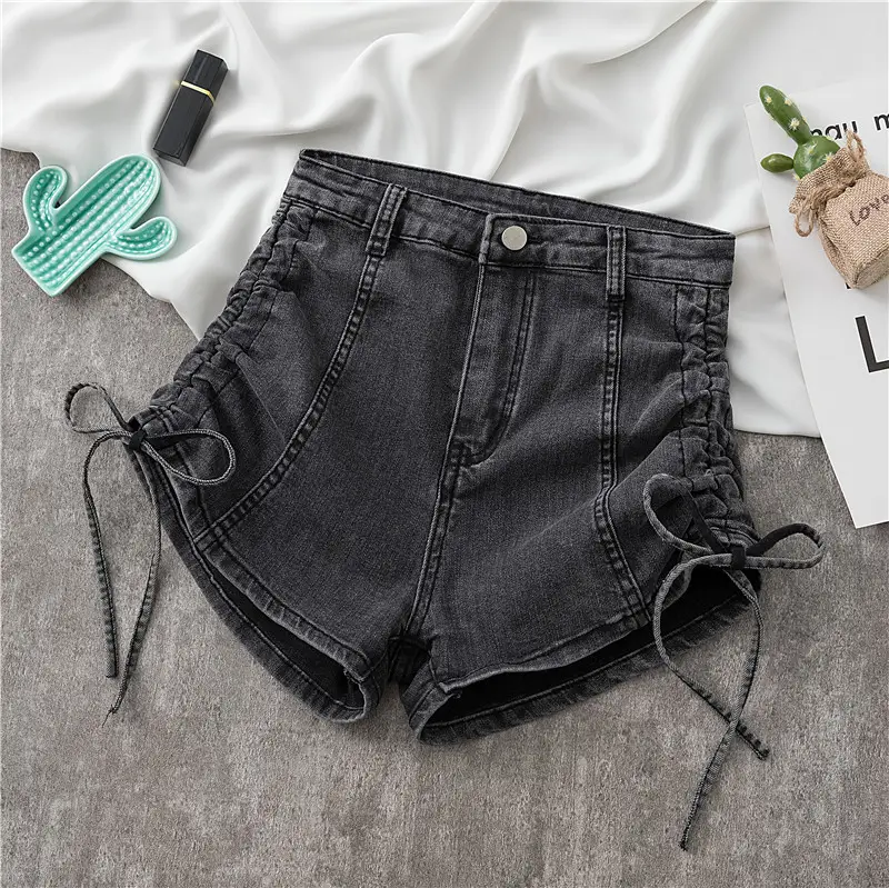 Women Stretch High Waist Denim Shorts 2022 Drawstring Wide Leg - Image 2