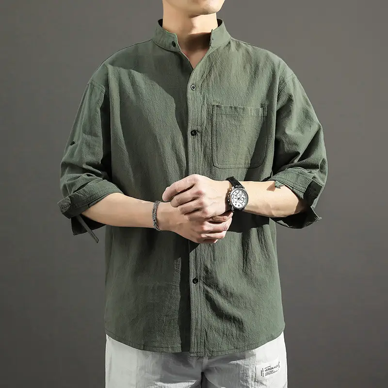 Men's 2023 Summer Linen Shirt Green Loose Collar - Image 4