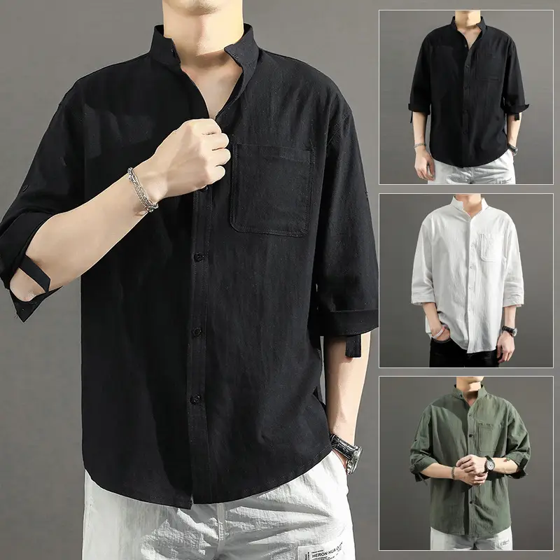 Men's 2023 Summer Linen Shirt Green Loose Collar - Image 5