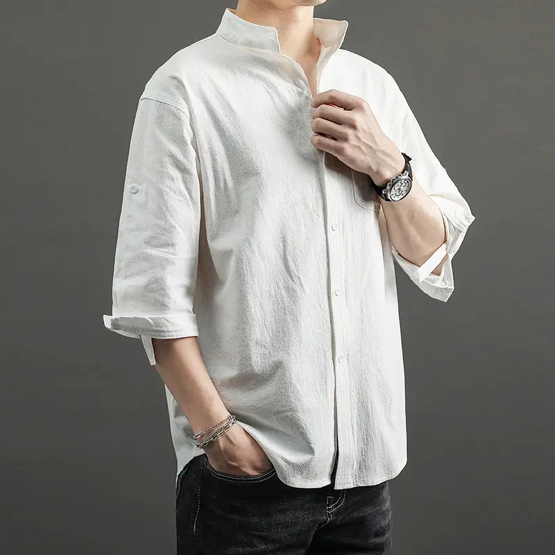 Men's 2023 Summer Linen Shirt Green Loose Collar - Image 7