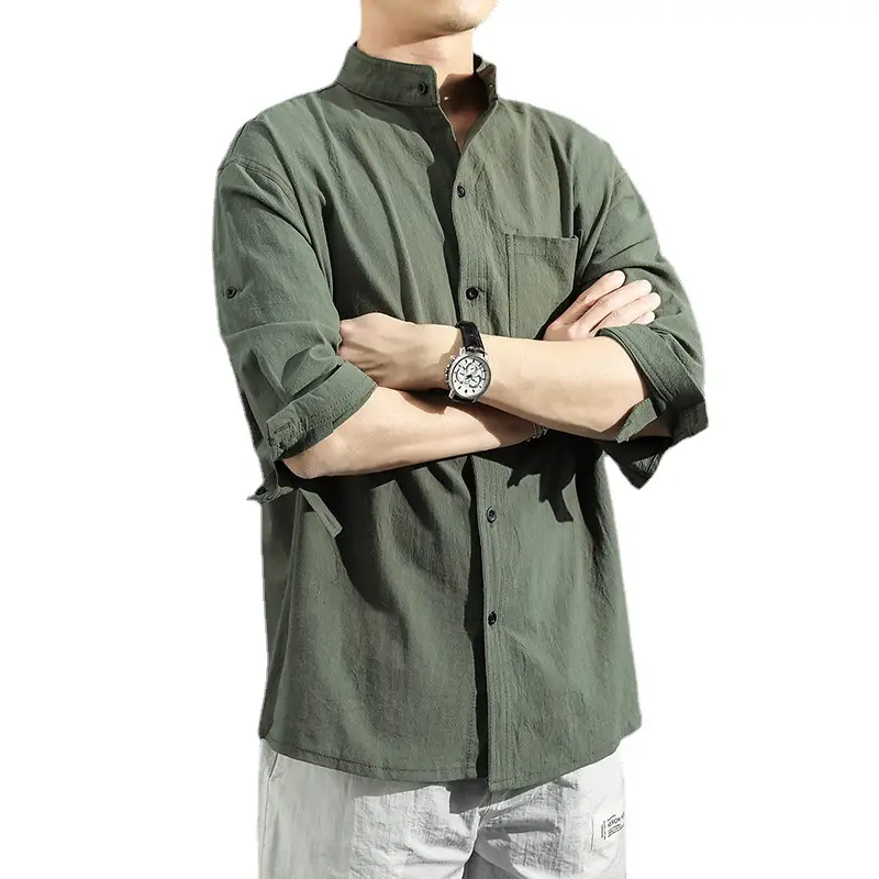 Men's 2023 Summer Linen Shirt Green Loose Collar - Image 8