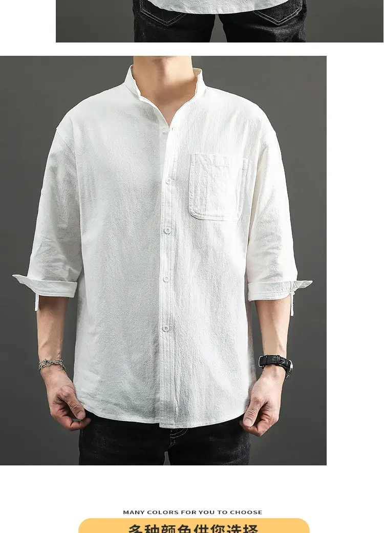 Men's 2023 Summer Linen Shirt Green Loose Collar — feature 9