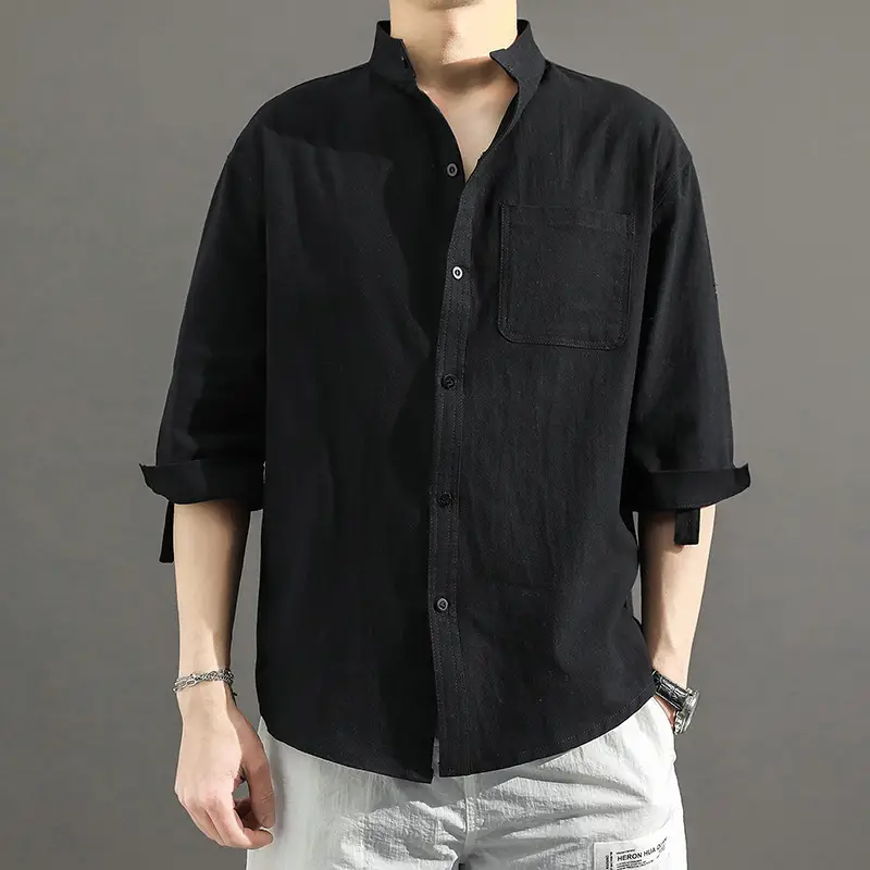 Men's 2023 Summer Linen Shirt Green Loose Collar - Image 2