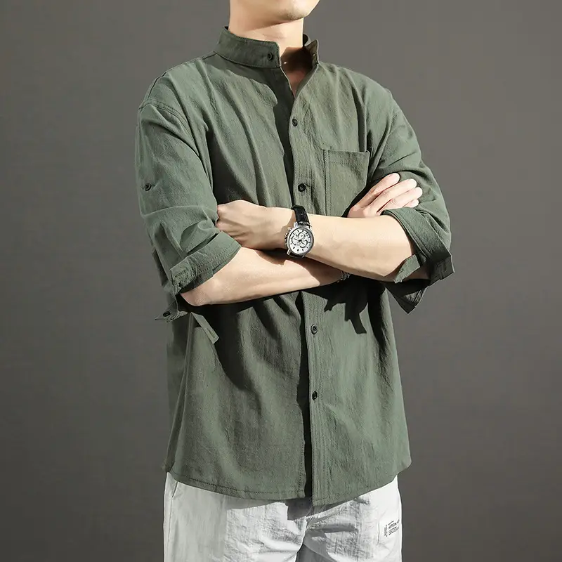 Men's 2023 Summer Linen Shirt Green Loose Collar - Image 3