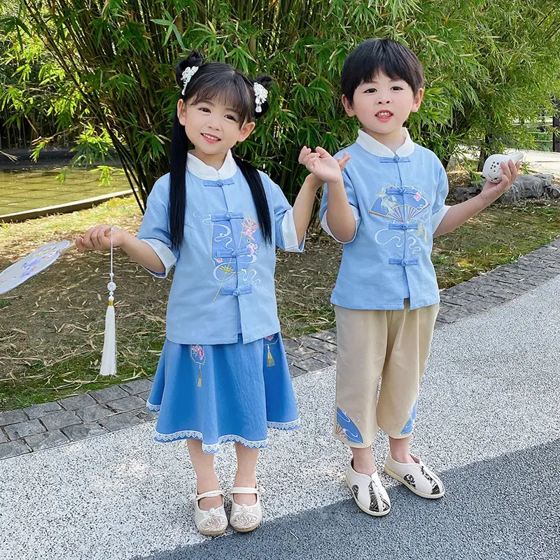 Retro Han Tang Guoxue Embroidered Dress Blue - Image 4