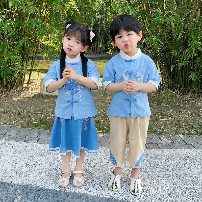 Retro Han Tang Guoxue Embroidered Dress Blue - Image 5