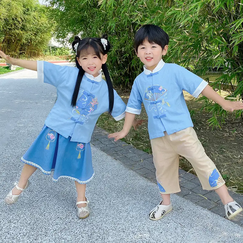 Retro Han Tang Guoxue Embroidered Dress Blue - Image 6