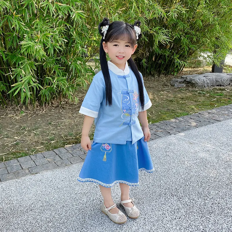 Retro Han Tang Guoxue Embroidered Dress Blue - Image 2